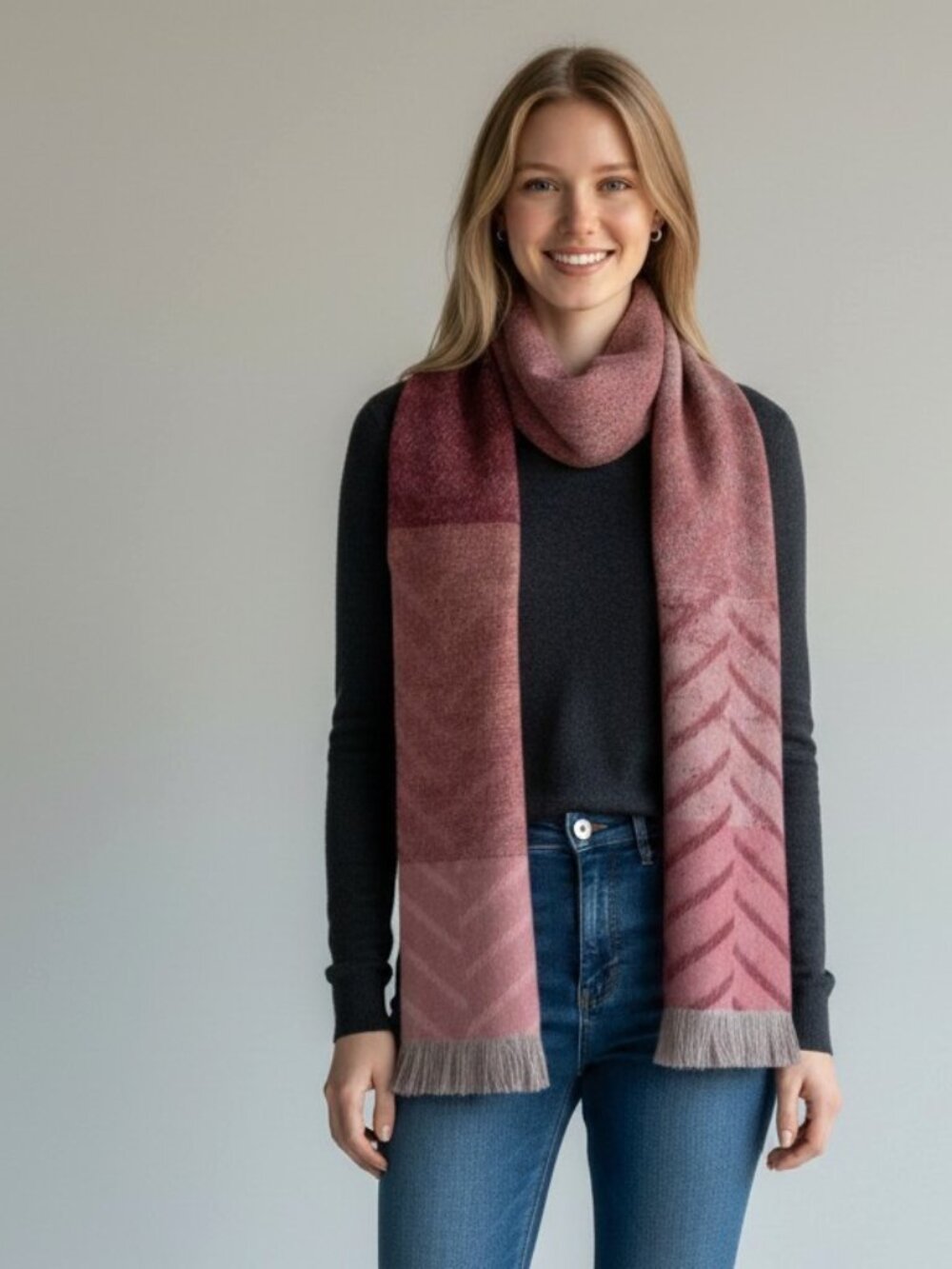 Handwoven Alpaca Wool Scarf Burgundy & Dusty Pink Chevron Knit Winter Wrap